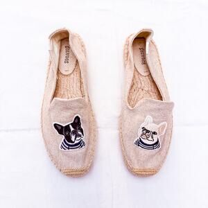 Soludos Frenchie Bulldog Canvas Espadrille Flats‎ Cream Shoes Size 9